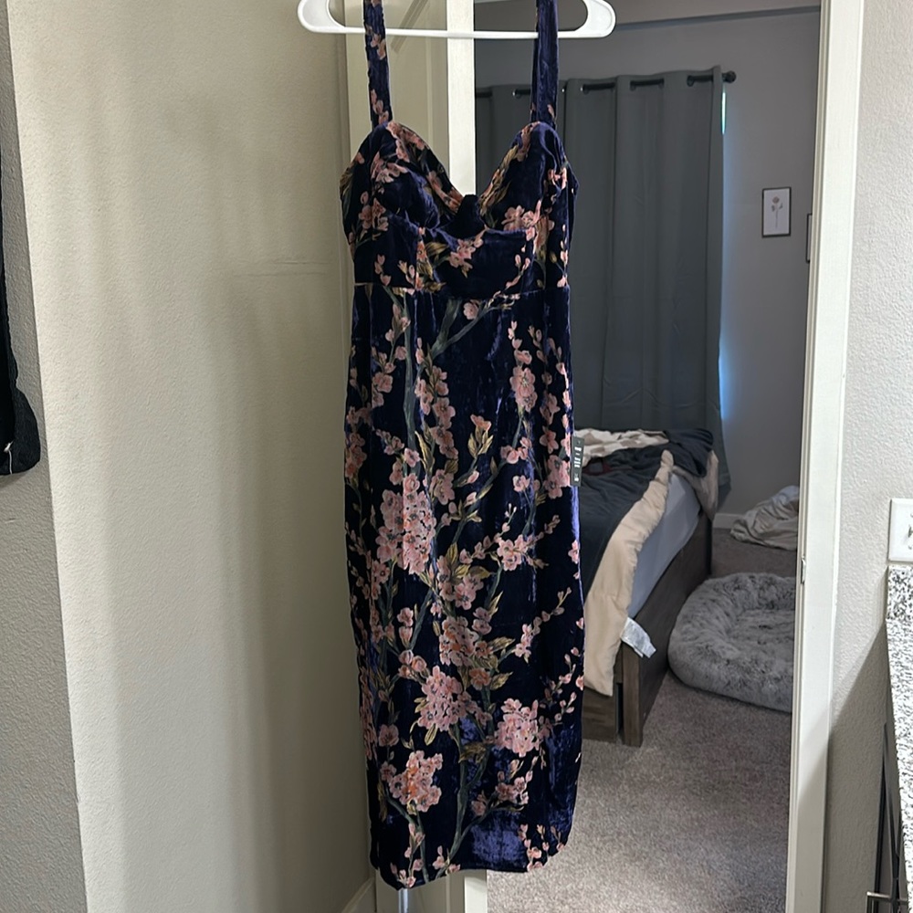 Navy Blue Velvet with Pink Floral Design Dress - Women’s Medium